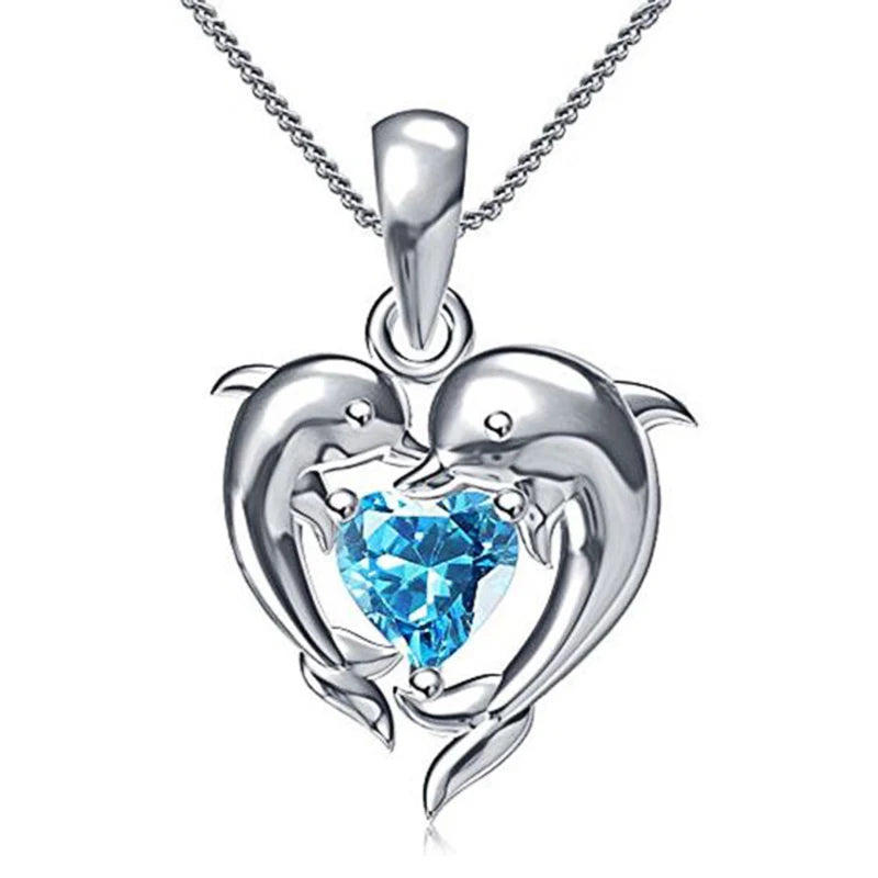 Couple Dolphin with Blue Heart Necklace